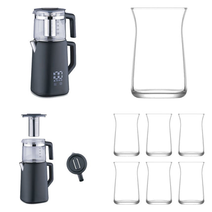 Korkmaz Demmatik Smart Teekocher-Set 1,7 L mit Glaskanne 1,2 L & Lav Vera Teegläser 6er, Schwarz