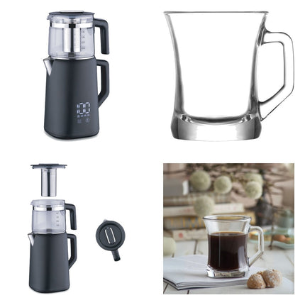 Korkmaz Demmatik Smart Teekocher-Set 1,7 L mit Glaskanne 1,2 L & Lav Zen Teegläser 6er, Schwarz