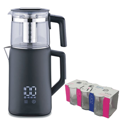 Korkmaz Demmatik Smart Teekocher-Set 1,7 L mit Glaskanne 1,2 L & Lav Zoey Teegläser 6er, Schwarz