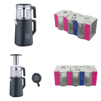 Korkmaz Demmatik Smart Teekocher-Set 1,7 L mit Glaskanne 1,2 L & Lav Zoey Teegläser 6er, Schwarz
