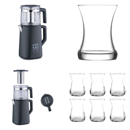 Korkmaz Demmatik Smart Teekocher-Set 1,7 L mit Glaskanne 1,2 L & Paşabahçe Misis Teegläser 6er, Schwarz
