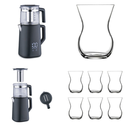 Korkmaz Demmatik Smart Teekocher-Set 1,7 L mit Glaskanne 1,2 L & Paşabahçe NUDE Beykoz Teegläser 6er, Schwarz