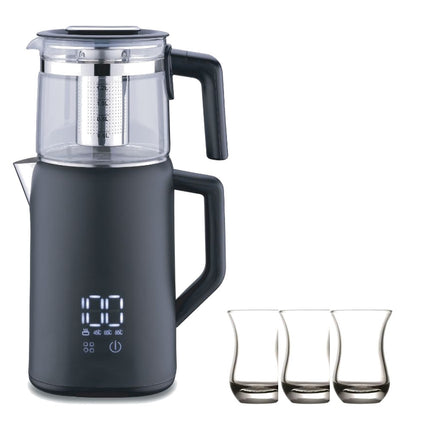 Korkmaz Demmatik Smart Teekocher-Set 1,7 L mit Glaskanne 1,2 L & Paşabahçe Saray Teegläser 6er, Schwarz