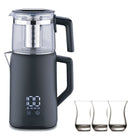 Korkmaz Demmatik Smart Teekocher-Set 1,7 L mit Glaskanne 1,2 L & Paşabahçe Saray Teegläser 6er, Schwarz