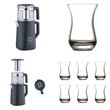 Korkmaz Demmatik Smart Teekocher-Set 1,7 L mit Glaskanne 1,2 L & Paşabahçe Saray Teegläser 6er, Schwarz
