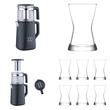 Korkmaz Demmatik Smart Teekocher-Set 1,7 L mit Glaskanne 1,2 L & Weissberg Bodrum Teegläser 6er, Schwarz