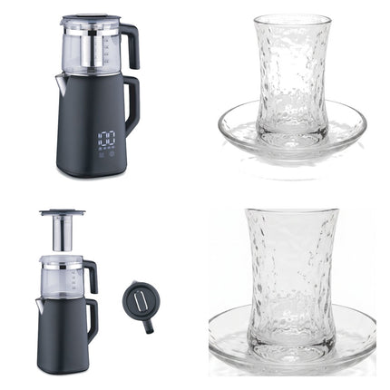 Korkmaz Demmatik Smart Teekocher-Set 1,7 L mit Glaskanne 1,2 L & Weissberg Home Klassisch W2969 Teegläser 6er mit Untert