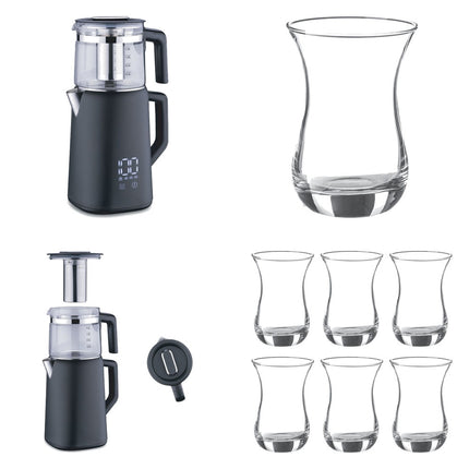 Korkmaz Demmatik Smart Teekocher-Set 1,7 L mit Glaskanne 1,2 L & Weissberg Pinar Teegläser 6er, Schwarz