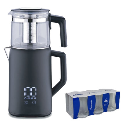 Korkmaz Demmatik Smart Teekocher-Set 1,7 L mit Glaskanne 1,2 L & Weissberg Semazen Teegläser 6er, Schwarz