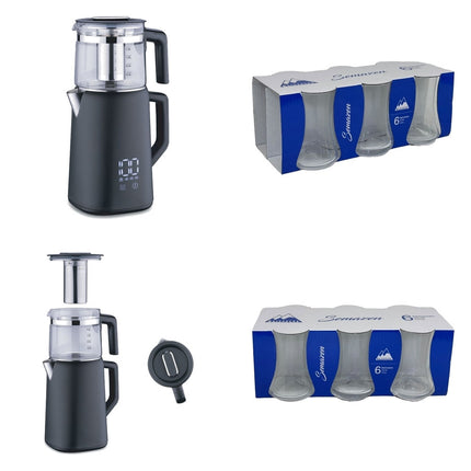 Korkmaz Demmatik Smart Teekocher-Set 1,7 L mit Glaskanne 1,2 L & Weissberg Semazen Teegläser 6er, Schwarz