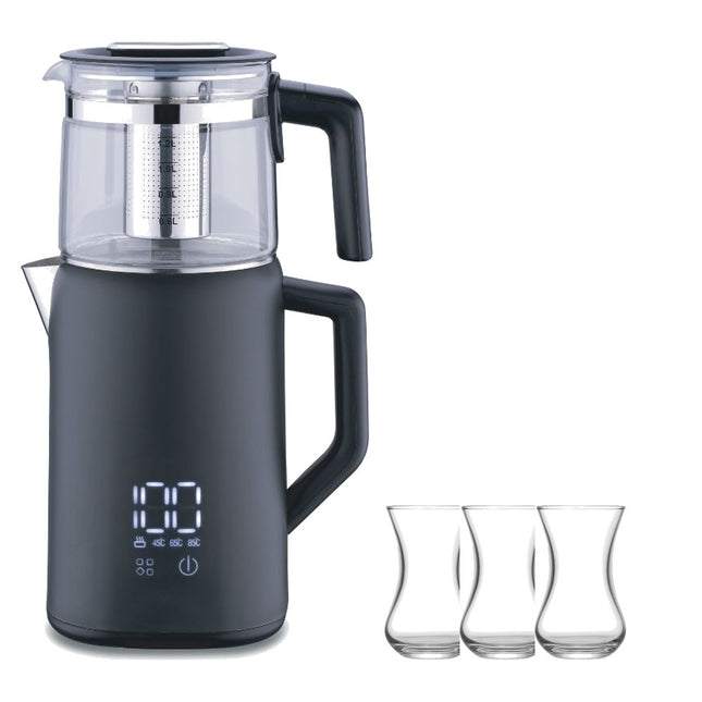 Korkmaz Demmatik Smart Teekocher-Set 1,7 L mit Glaskanne 1,2 L & Weissberg Sena Teegläser 6er, Schwarz