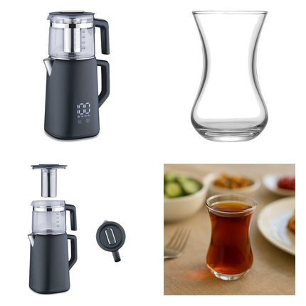 Korkmaz Demmatik Smart Teekocher-Set 1,7 L mit Glaskanne 1,2 L & Weissberg Sena Teegläser 6er, Schwarz
