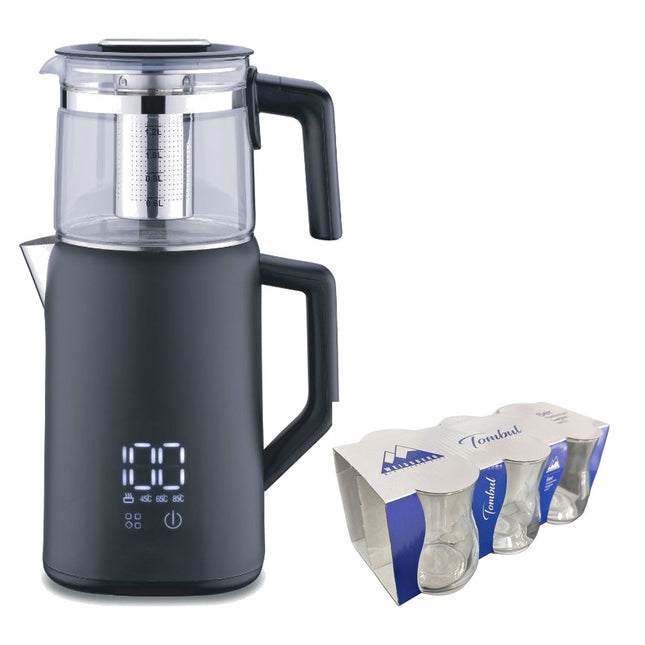 Korkmaz Demmatik Smart Teekocher-Set 1,7 L mit Glaskanne 1,2 L & Weissberg Tombul Teegläser 6er, Schwarz
