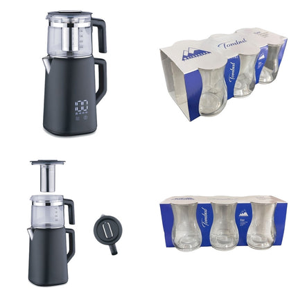 Korkmaz Demmatik Smart Teekocher-Set 1,7 L mit Glaskanne 1,2 L & Weissberg Tombul Teegläser 6er, Schwarz