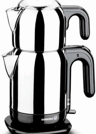 korkmaz Elektrischer Teekocher & Wasserkocher (Schwarz) – 1,1 l Kanne / 1,7 l Kessel, 1600 W, 18/10 Edelstahl, Warmhaltefunktion - Linkreich