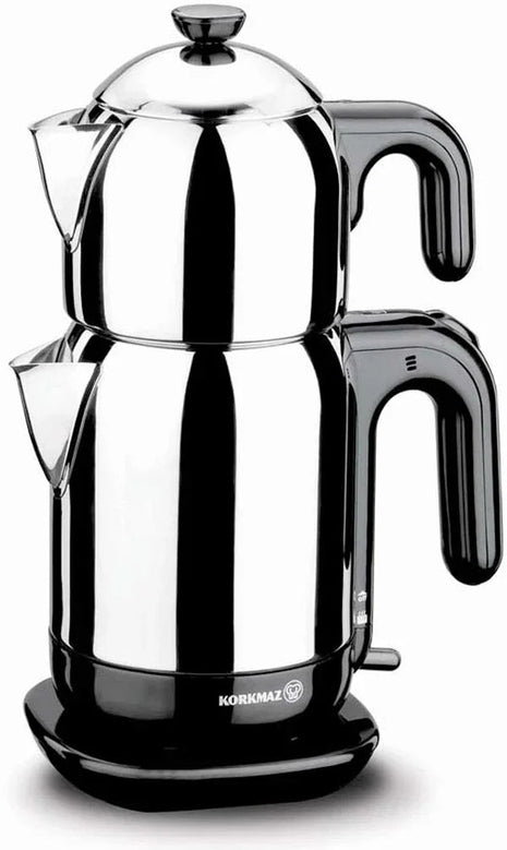 korkmaz Elektrischer Teekocher & Wasserkocher (Schwarz) – 1,1 l Kanne / 1,7 l Kessel, 1600 W, 18/10 Edelstahl, Warmhaltefunktion - Linkreich