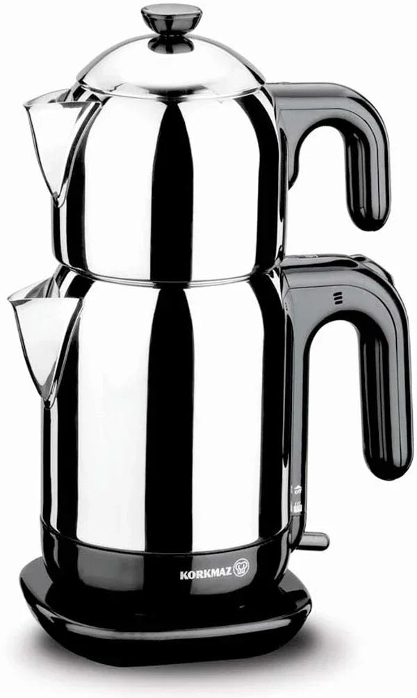 korkmaz Elektrischer Teekocher & Wasserkocher (Schwarz) – 1,1 l Kanne / 1,7 l Kessel, 1600 W, 18/10 Edelstahl, Warmhaltefunktion - Linkreich