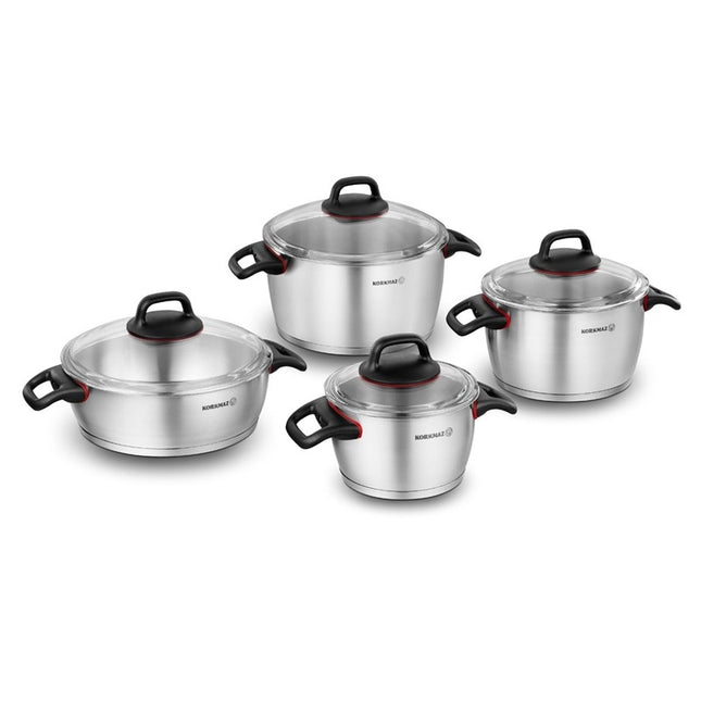 Korkmaz Gusto 8teiliges Topfset Induktion KochgeschirrSet Edelstahl induktionsgeeignet mit Glasdeckel A1047