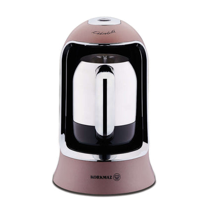 Seitliche Ansicht der Korkmaz Kahvekolik Kaffeemaschine RosaGold/Krom – 400W, Edelstahlkanne, modernes Design