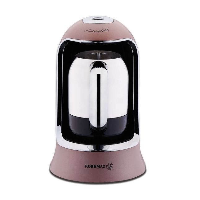 Seitliche Ansicht der Korkmaz Kahvekolik Kaffeemaschine RosaGold/Krom – 400W, Edelstahlkanne, modernes Design