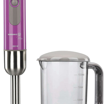 Korkmaz Mia Duo Blender Set – Violett | 850W Edelstahl Pürierstab mit 1000ml Messbecher & 2 Geschwindigkeitsstufen | - Linkreich