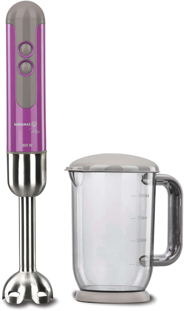 Korkmaz Mia Duo Blender Set – Violett | 850W Edelstahl Pürierstab mit 1000ml Messbecher & 2 Geschwindigkeitsstufen | - Linkreich