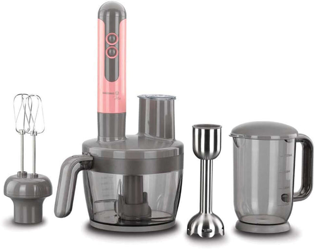 Korkmaz Mia Multi Blender Set – Pink | 1300W Stabmixer mit Hackmesser, 1750 ml Zerkleinerer, 1000 ml Behälter, Schneebesen & Anti - Rutsch - Basis - Linkreich