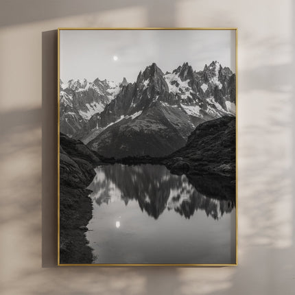Lac de la Flégère Black and White Photography Print | Moonlit Alpine Reflections in Chamonix