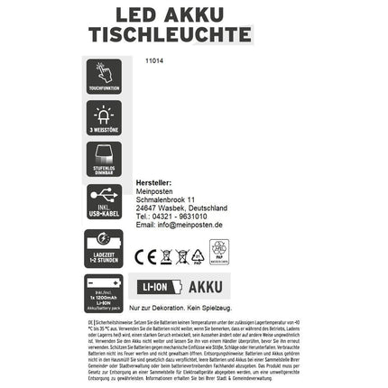 SEO. Lampe LED ohne Kabel Touch Tischleuchte Tischlampe Leuchte kabellos dimmbar - Schwarz, Höhe 27 cm (Modell Sue) Linkreich