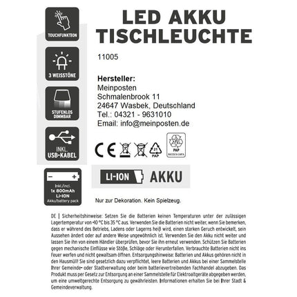 SEO. Lampe LED ohne Kabel Touch Tischleuchte Tischlampe Leuchte kabellos dimmbar - Schwarz, Höhe 27 cm (Modell Sue) Linkreich