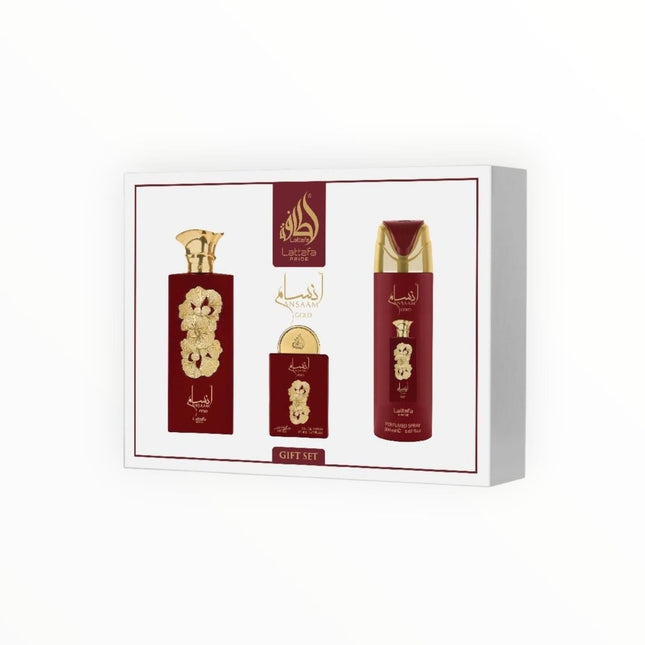 Lattafa Pride Ansaam Gold Giftset – 3 - teiliges Damenparfum - Set mit Eau de Parfum 100 ml, Deospray & Mini - Parfüm – Blumig, fruchtig & orientalisch (Geschenkset) kaufen bei Linkreich – Jetzt entdecken!