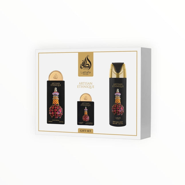 Lattafa Pride Artisan Ethnique Geschenkset – 3 - teiliges Unisex - Parfum - Set mit Eau de Parfum 100 ml, Deospray & Mini – Gourmand - Würziger Duft mit Rum, Kakao & Vanille (Geschenkset) kaufen bei Linkreich – Jetzt entdecken!