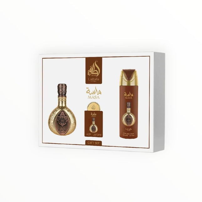 Lattafa Pride Masa Geschenkset – 3 - teiliges Unisex - Parfum - Set mit Eau de Parfum 100 ml, Deospray & Mini – Fruchtig - würziger Duft mit Safran, Mango & Amber (Geschenkset) kaufen bei Linkreich – Jetzt entdecken!