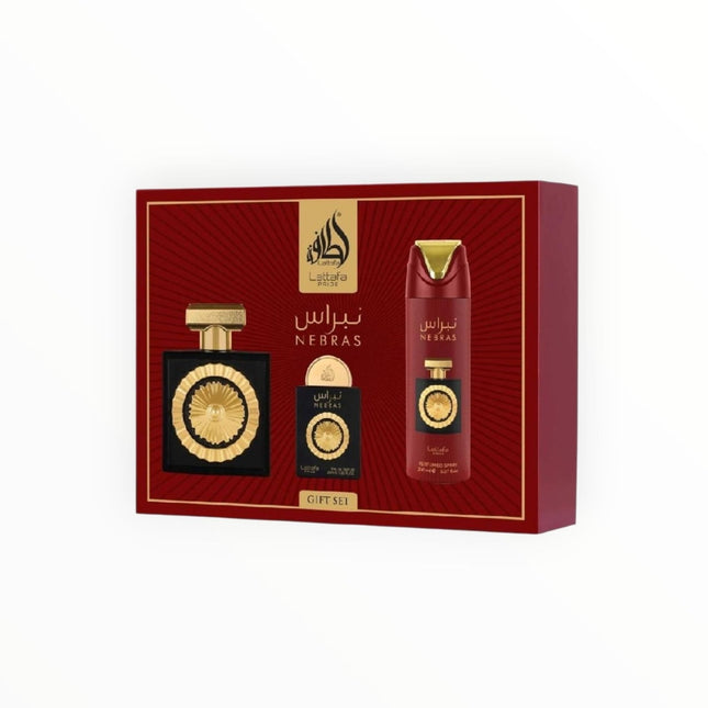 Lattafa Pride Nebras Geschenkset – 3 - teiliges Unisex - Parfum - Set mit Eau de Parfum 100 ml, Deospray & Mini – Süß - fruchtiger Gourmand - Duft mit Vanille, Kakao & Amber (Geschenkset) kaufen bei Linkreich – Jetzt entdecken!