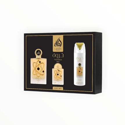 Lattafa Pride Tharwah Gold – 3 - teiliges Damenparfum - Geschenkset mit Eau de Parfum 100 ml, Deospray & Mini - Parfüm – Luxuriöser, süß - blumiger Duft (Geschenkset) kaufen