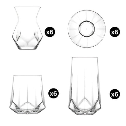 LAV Alya Gläser-Set 24-teilig – Wasser-, Longdrink-, Teegläser & Untertassen für 6 Personen - Linkreich