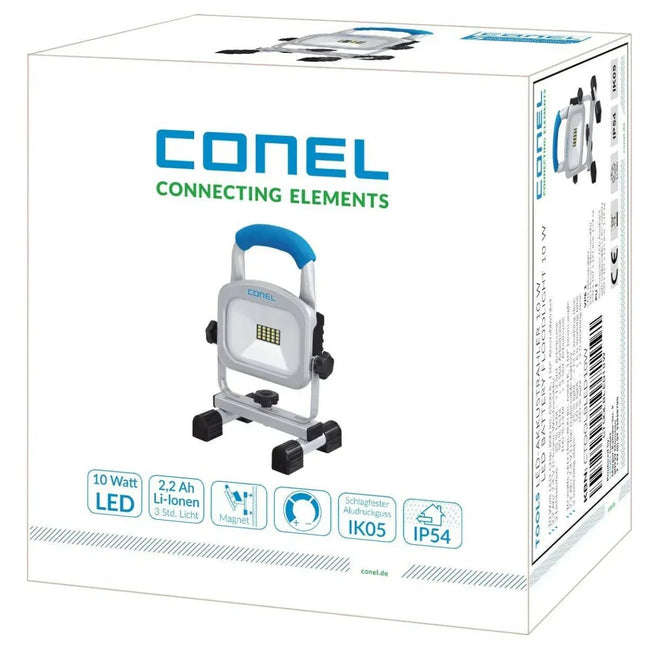 LED-Akkustrahler CONEL LED-Akkustrahler 10W – 800 lm, 6500K, 2,2 Ah Li-Ionen, IP54, IK05 - Linkreich