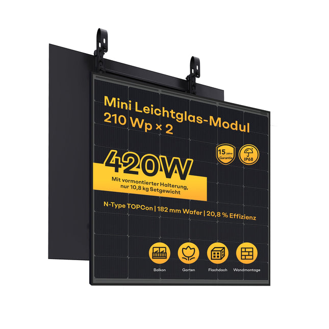 Leichtstahl Solarmodul Set 210W x 2, N-Typ TOPCon 182 Wafer Vollschwarz