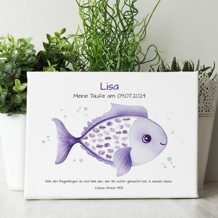 SEO. Leinwand mit Fingerabdrücken - Fisch Motiv als Gästebuch zur Taufe - Lila Linkreich