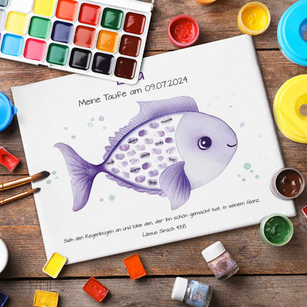 SEO. Leinwand mit Fingerabdrücken - Fisch Motiv als Gästebuch zur Taufe - Lila Linkreich