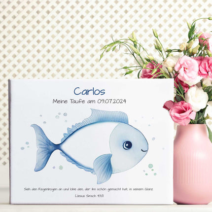 SEO. Leinwand mit Fingerabdrücken - Fisch Motiv als Gästebuch zur Taufe - Blau Linkreich