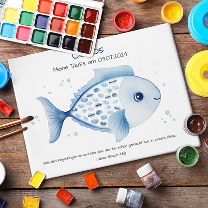 SEO. Leinwand mit Fingerabdrücken - Fisch Motiv als Gästebuch zur Taufe - Blau Linkreich