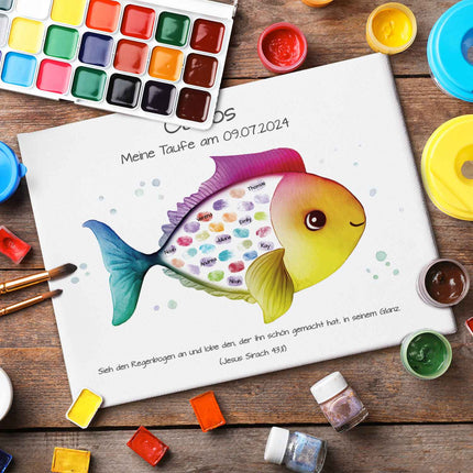 SEO. Leinwand mit Fingerabdrücken - Fisch Motiv als Gästebuch zur Taufe - Regenbogen Linkreich