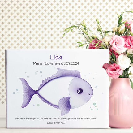 SEO. Leinwand mit Fingerabdrücken - Fisch Motiv als Gästebuch zur Taufe - Lila Linkreich