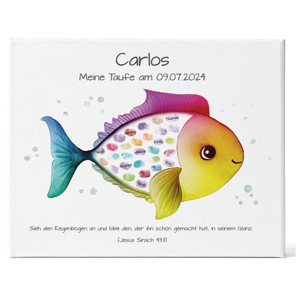 SEO. Leinwand mit Fingerabdrücken - Fisch Motiv als Gästebuch zur Taufe - Regenbogen Linkreich