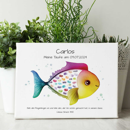 SEO. Leinwand mit Fingerabdrücken - Fisch Motiv als Gästebuch zur Taufe - Regenbogen Linkreich