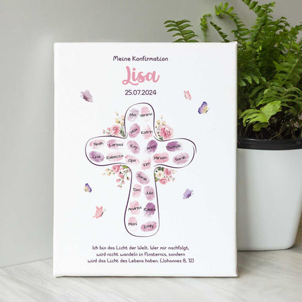 SEO. Leinwand mit Fingerabdrücken - Kreuz Motiv als Gästebuch zur Konfirmation - Blau Linkreich