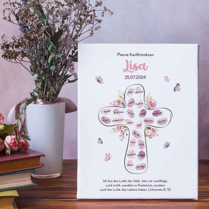 SEO. Leinwand mit Fingerabdrücken - Kreuz Motiv als Gästebuch zur Konfirmation - Rosa Linkreich