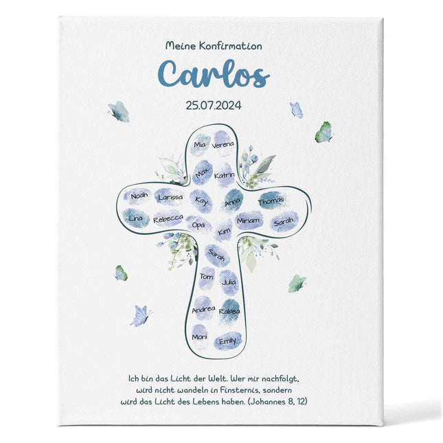 SEO. Leinwand mit Fingerabdrücken - Kreuz Motiv als Gästebuch zur Konfirmation - Blau Linkreich