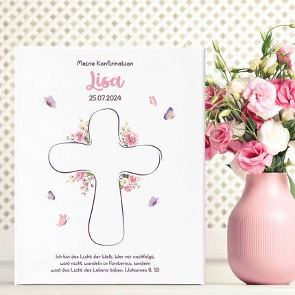 SEO. Leinwand mit Fingerabdrücken - Kreuz Motiv als Gästebuch zur Konfirmation - Rosa Linkreich